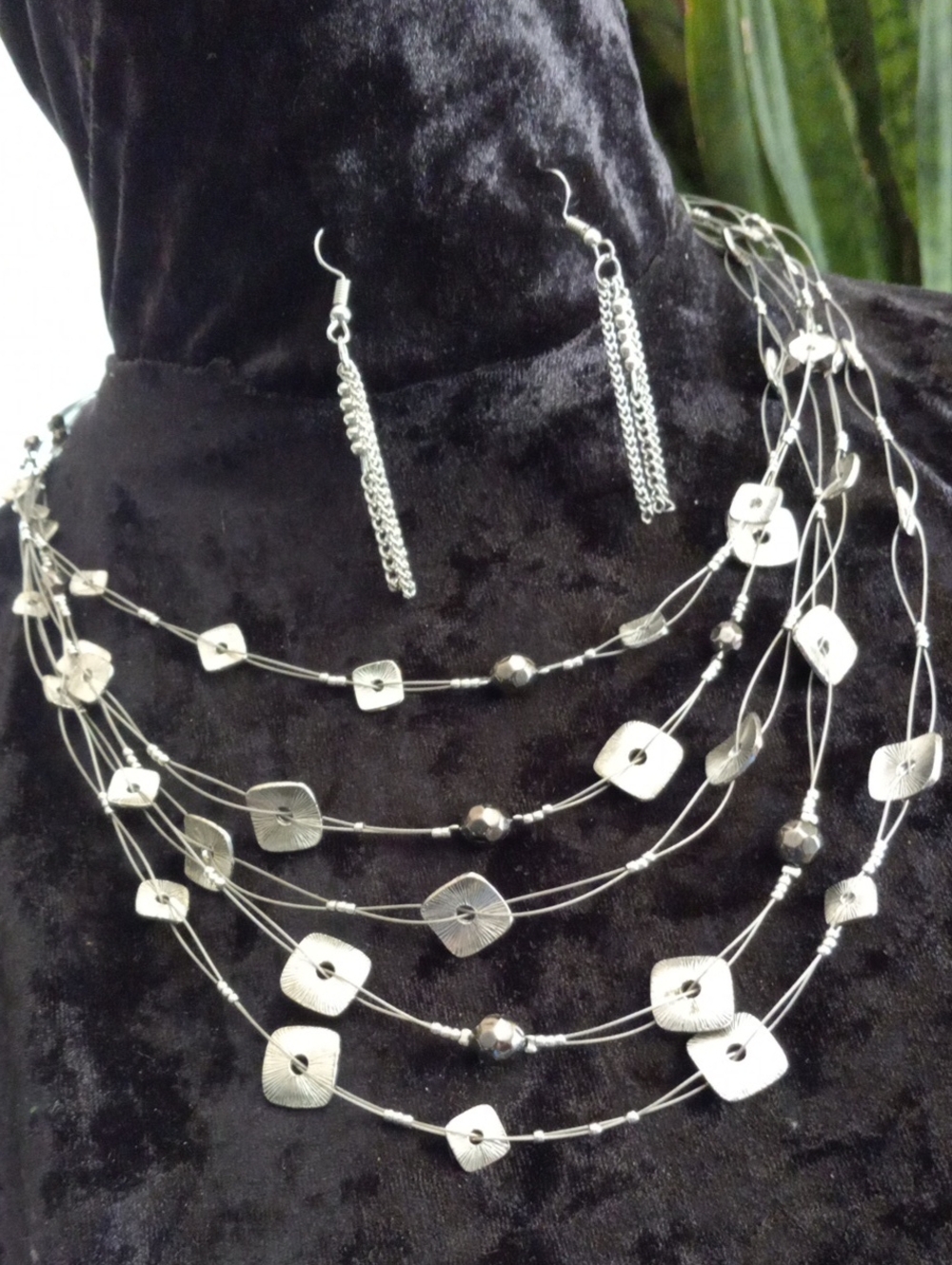 Lia Sophia Multi-Strand Silver Square Disc Necklace with Chain Tassel Earrings